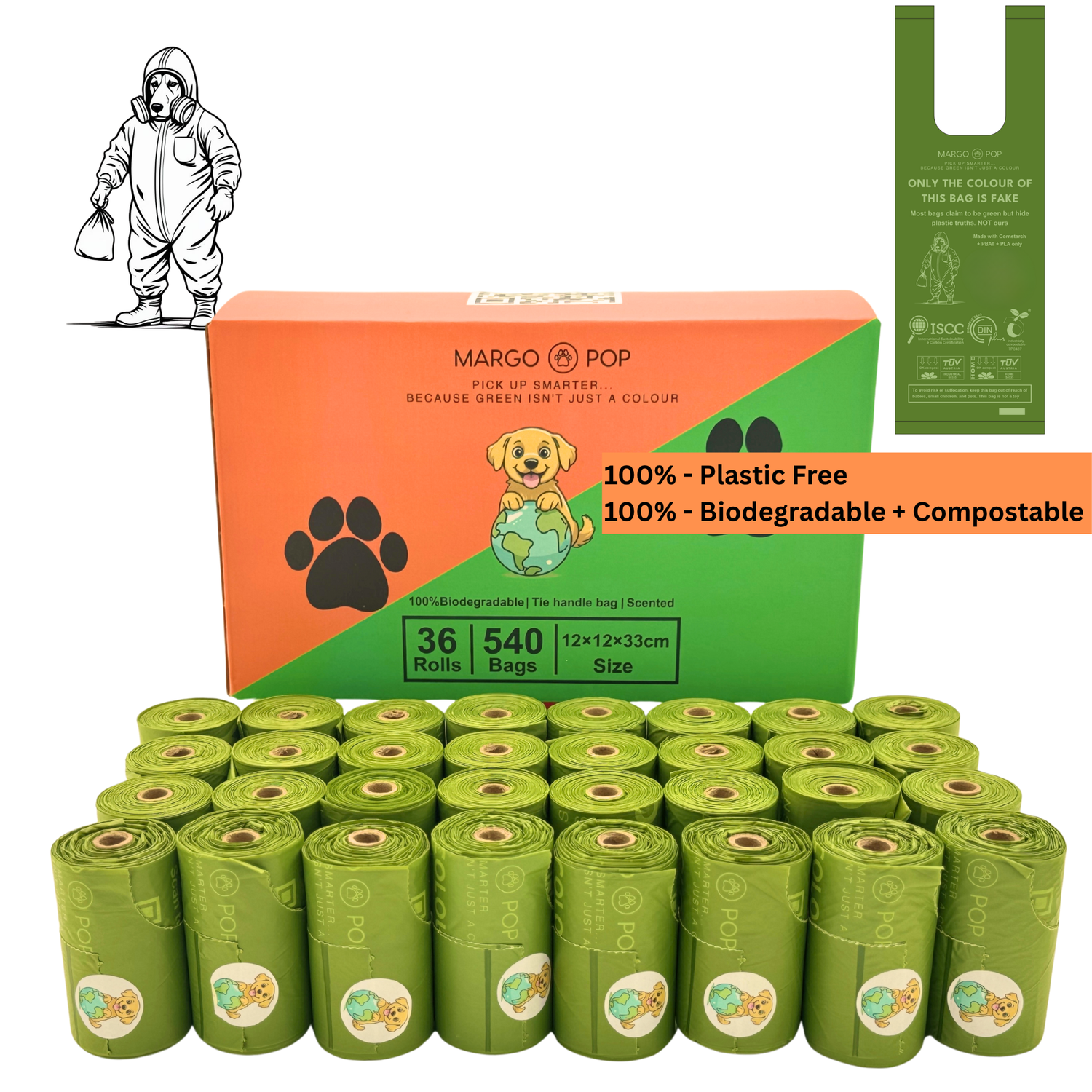 Tie Handle Dog Poo Bags Biodegradable/Compostable Certified – Bulk 18, 32 and 72 Roll Pack | EN 13432 | Eco Friendly Waste Bags | Extra Thick, Leak Proof, Scented