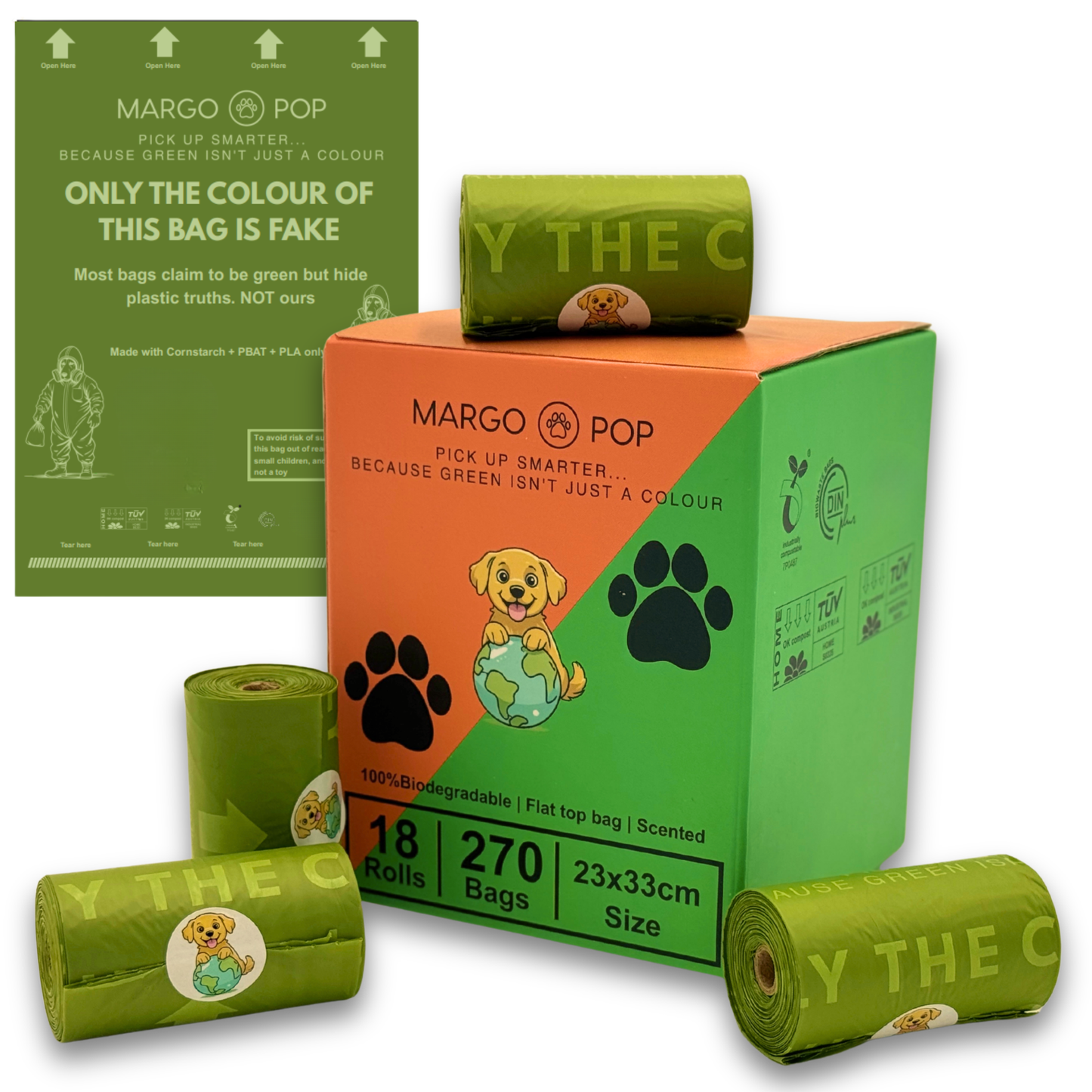 270 Bags (18 Rolls) Flat Top. Biodegradable, EN 13432 Compostable, 3kg Load Strength, Extra Thick & Leak Proof.