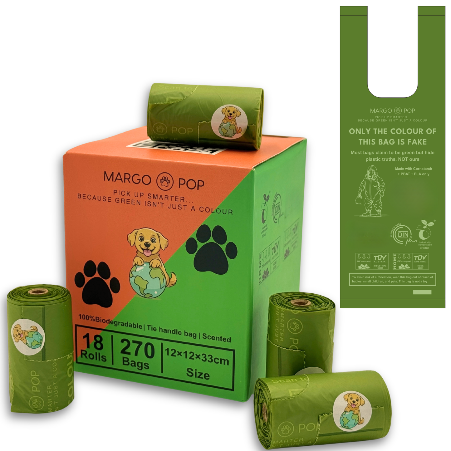 270 Bags (18 Rolls) Tie Handle Certified Compostable (EN 13432) Biodegradable, 3kg Load Strength, Extra Thick & Leak Proof