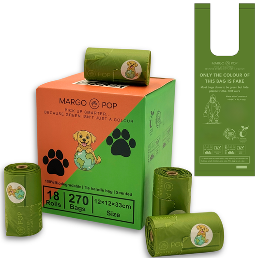 270 Bags (18 Rolls) Tie Handle Certified Compostable (EN 13432) Biodegradable, 3kg Load Strength, Extra Thick & Leak Proof