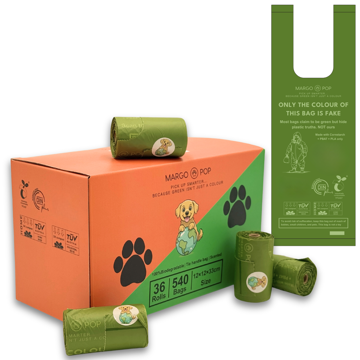 540 Bags (36 Rolls) Tie Handle Certified Compostable (EN 13432) Biodegradable, 3kg Load Strength, Extra Thick & Leak Proof